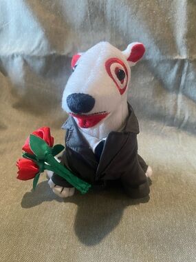 “You look marvelous”Target  Mustache Plush Dog Holding Red Roses